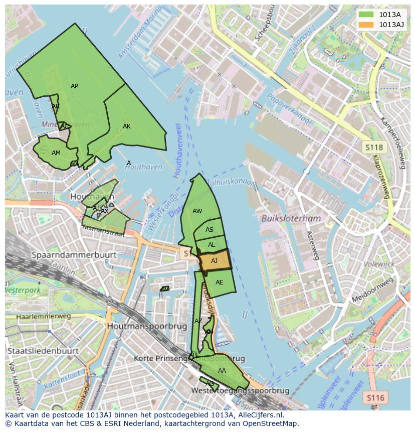 Afbeelding van het postcodegebied 1013 AJ op de kaart.
