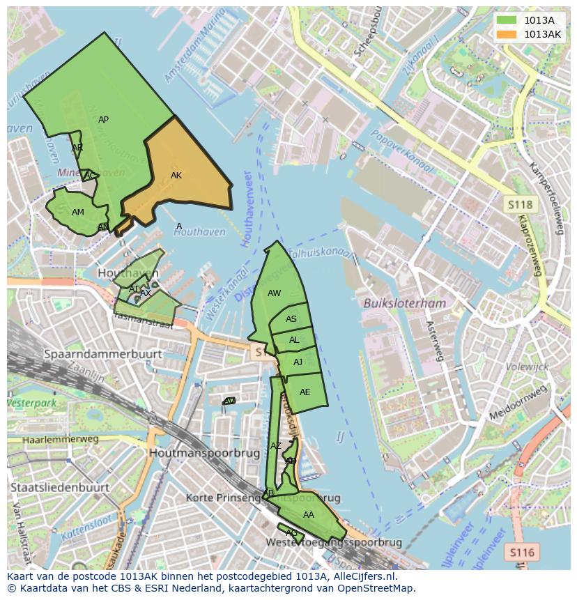 Afbeelding van het postcodegebied 1013 AK op de kaart.