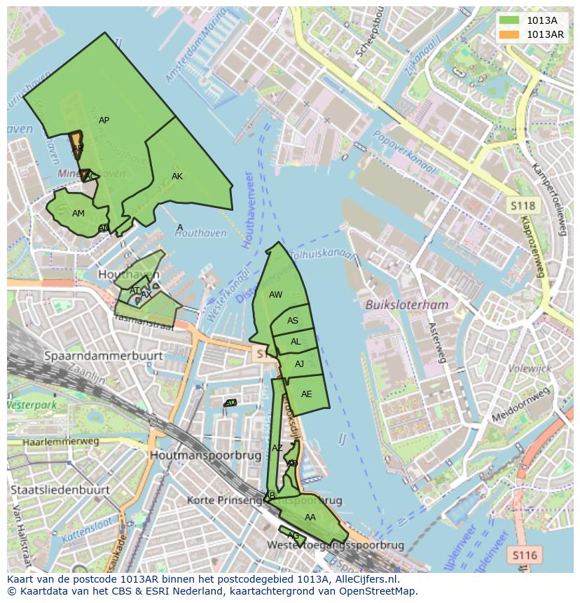 Afbeelding van het postcodegebied 1013 AR op de kaart.