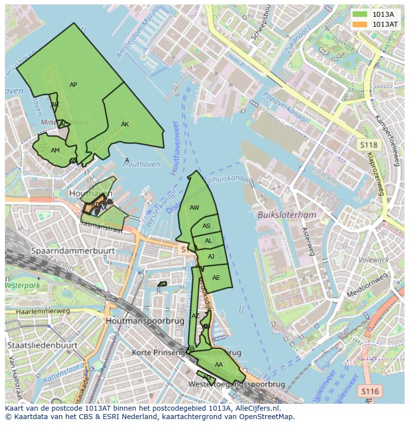 Afbeelding van het postcodegebied 1013 AT op de kaart.