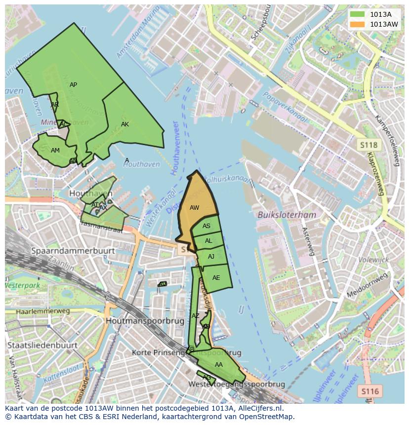 Afbeelding van het postcodegebied 1013 AW op de kaart.