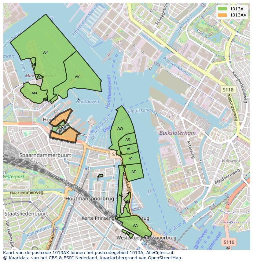 Afbeelding van het postcodegebied 1013 AX op de kaart.