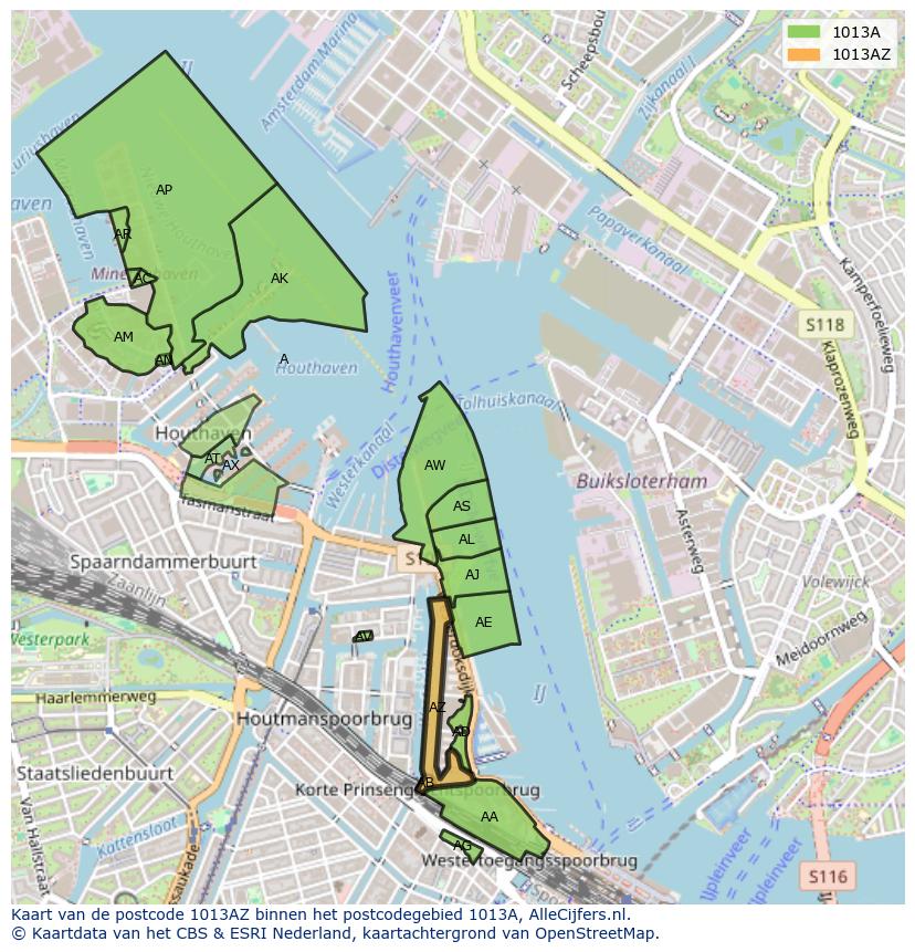 Afbeelding van het postcodegebied 1013 AZ op de kaart.