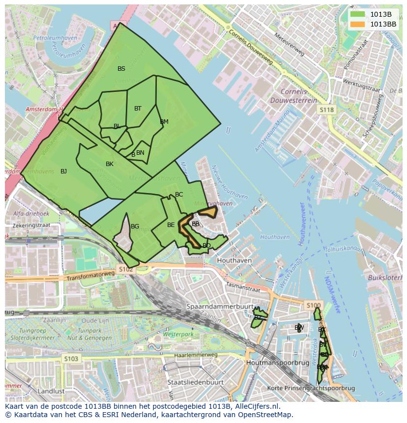 Afbeelding van het postcodegebied 1013 BB op de kaart.