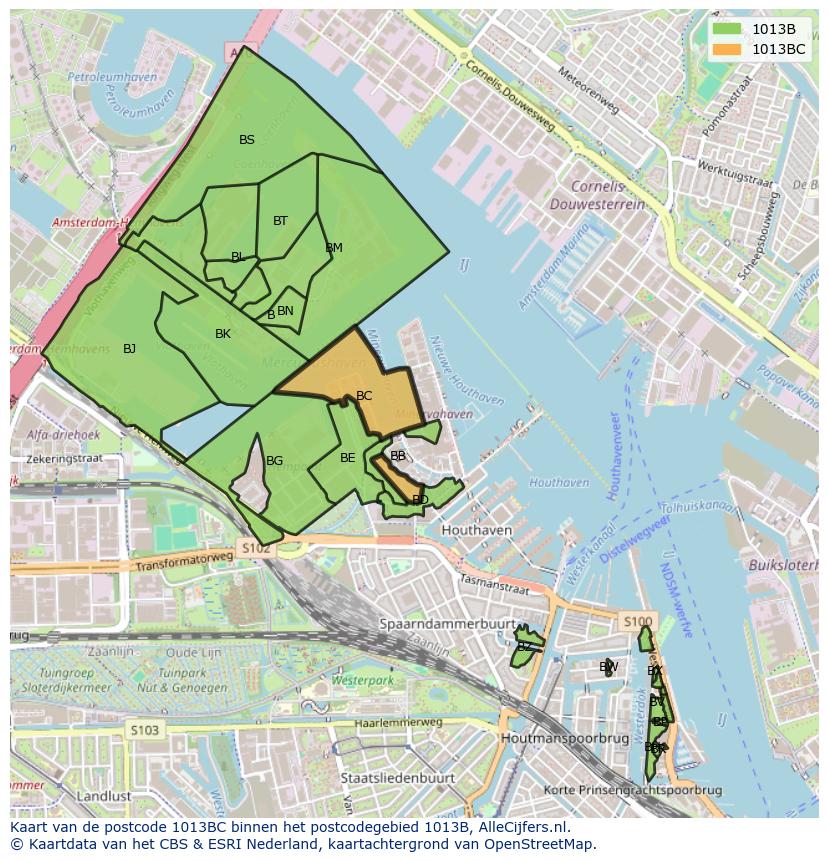 Afbeelding van het postcodegebied 1013 BC op de kaart.