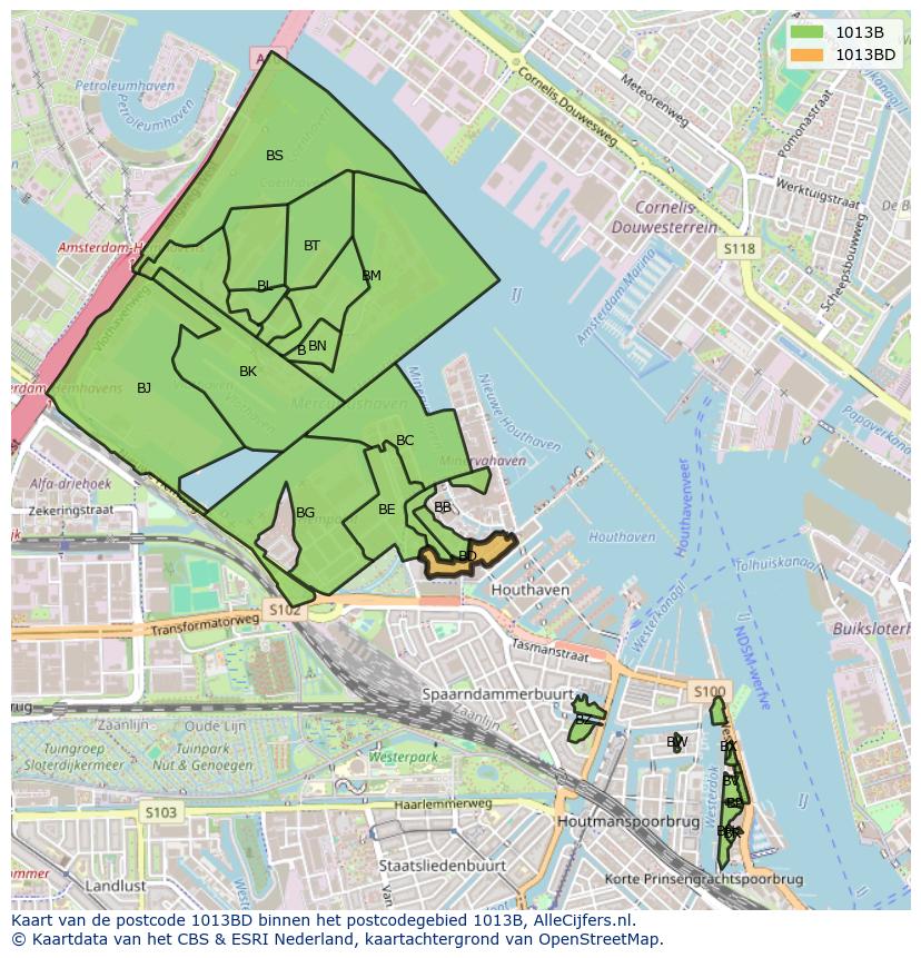 Afbeelding van het postcodegebied 1013 BD op de kaart.