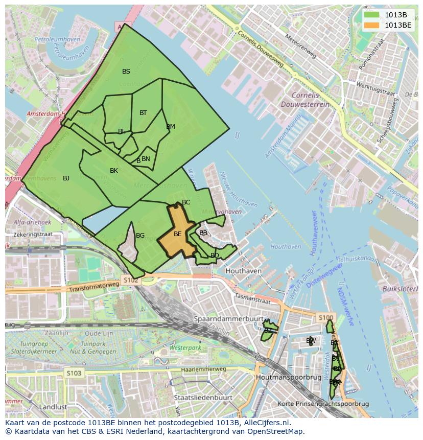 Afbeelding van het postcodegebied 1013 BE op de kaart.