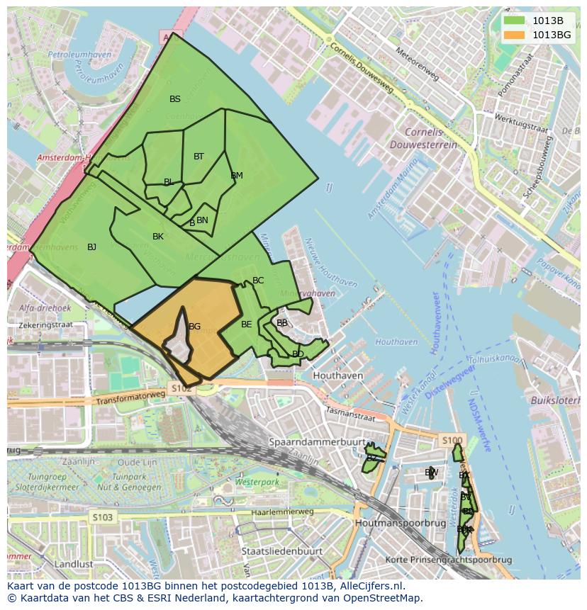 Afbeelding van het postcodegebied 1013 BG op de kaart.