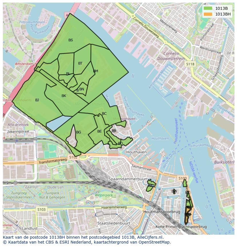 Afbeelding van het postcodegebied 1013 BH op de kaart.