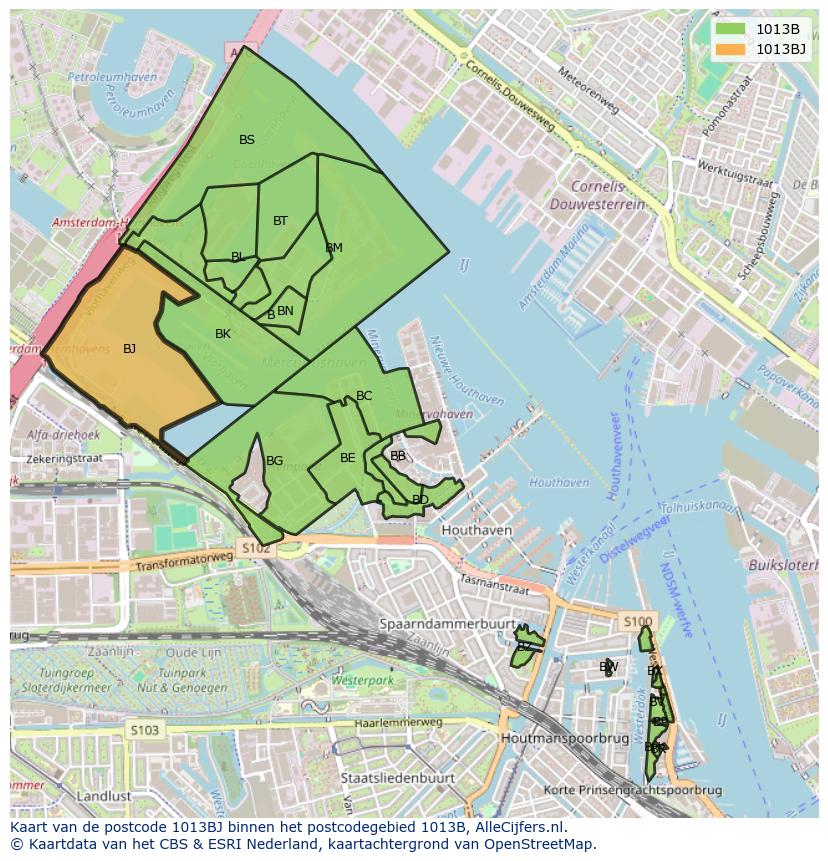Afbeelding van het postcodegebied 1013 BJ op de kaart.