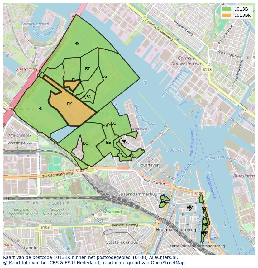 Afbeelding van het postcodegebied 1013 BK op de kaart.