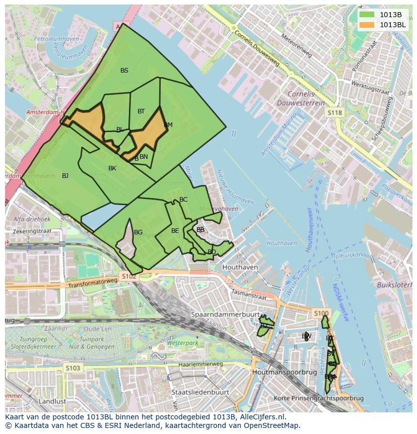 Afbeelding van het postcodegebied 1013 BL op de kaart.