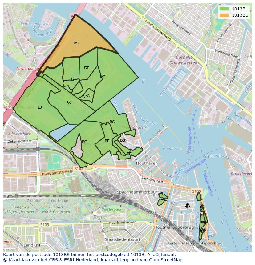 Afbeelding van het postcodegebied 1013 BS op de kaart.