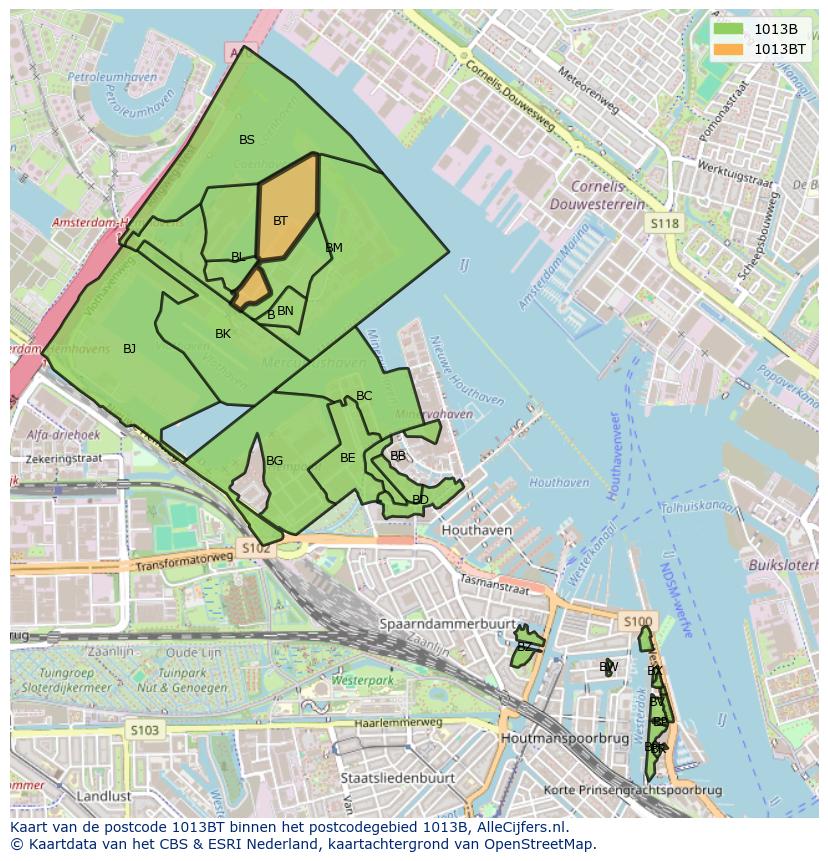 Afbeelding van het postcodegebied 1013 BT op de kaart.