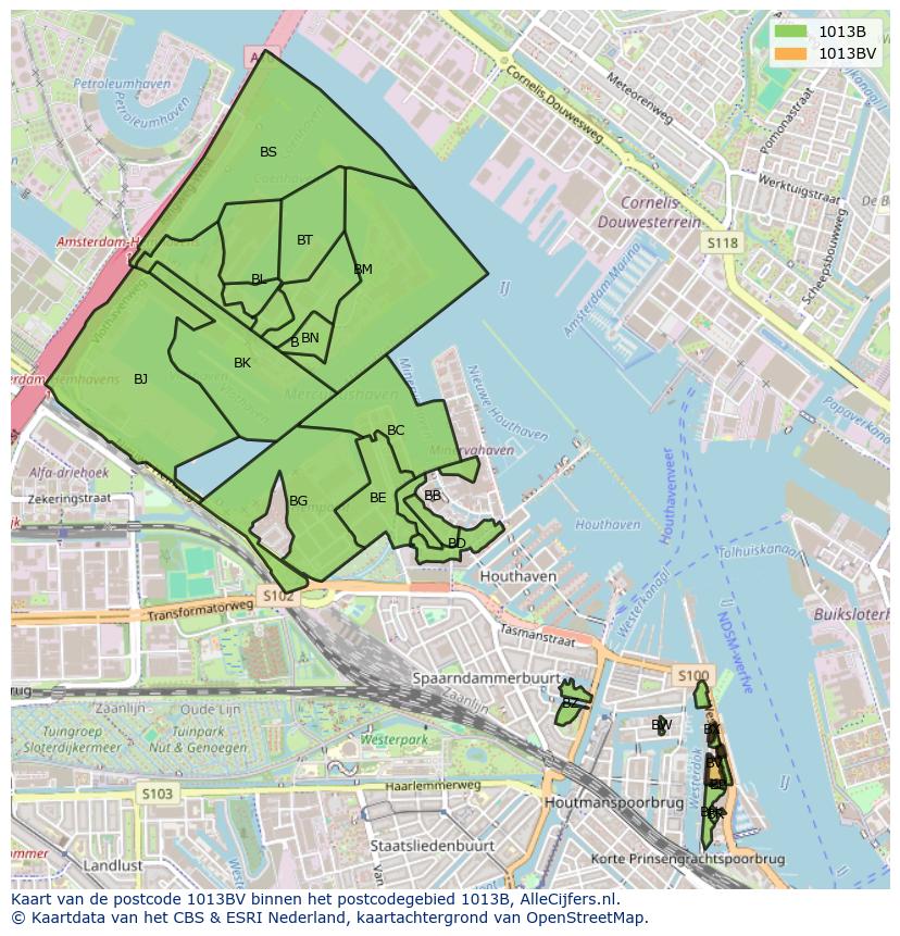 Afbeelding van het postcodegebied 1013 BV op de kaart.