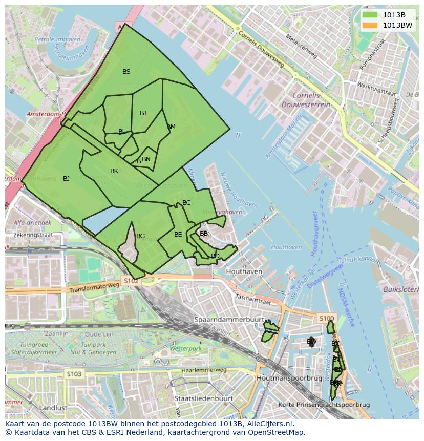 Afbeelding van het postcodegebied 1013 BW op de kaart.