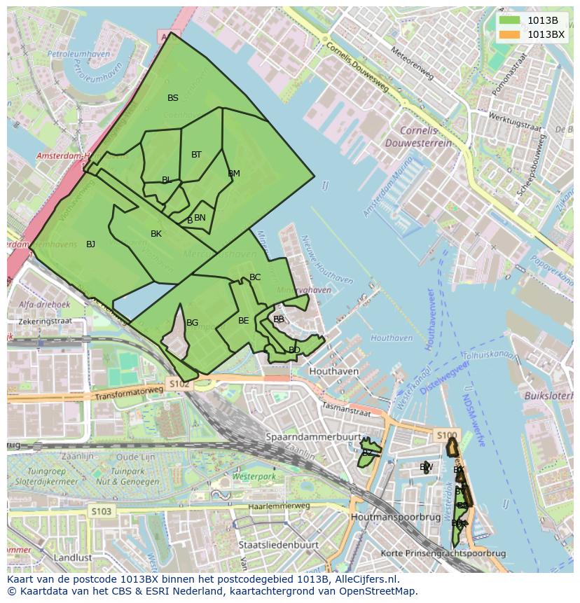 Afbeelding van het postcodegebied 1013 BX op de kaart.