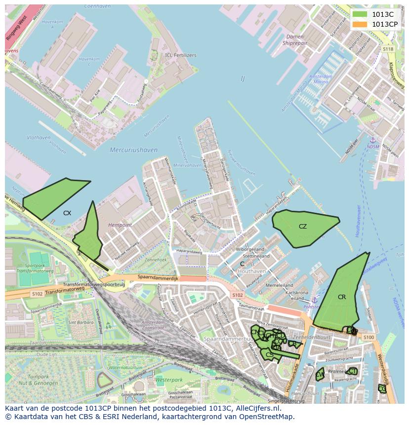 Afbeelding van het postcodegebied 1013 CP op de kaart.