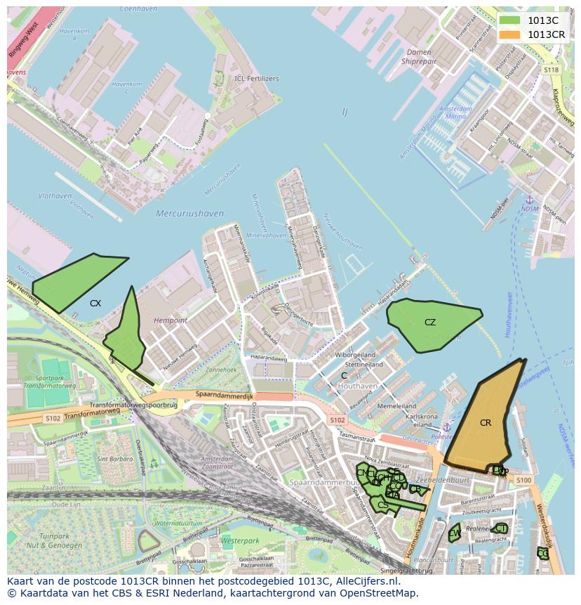 Afbeelding van het postcodegebied 1013 CR op de kaart.