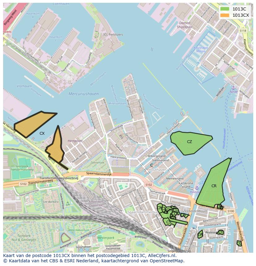 Afbeelding van het postcodegebied 1013 CX op de kaart.