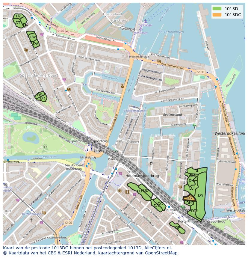 Afbeelding van het postcodegebied 1013 DG op de kaart.