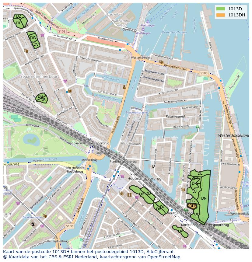 Afbeelding van het postcodegebied 1013 DH op de kaart.