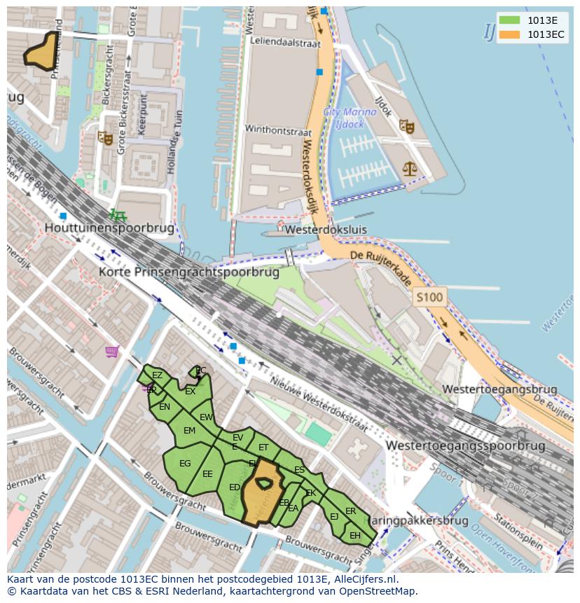 Afbeelding van het postcodegebied 1013 EC op de kaart.