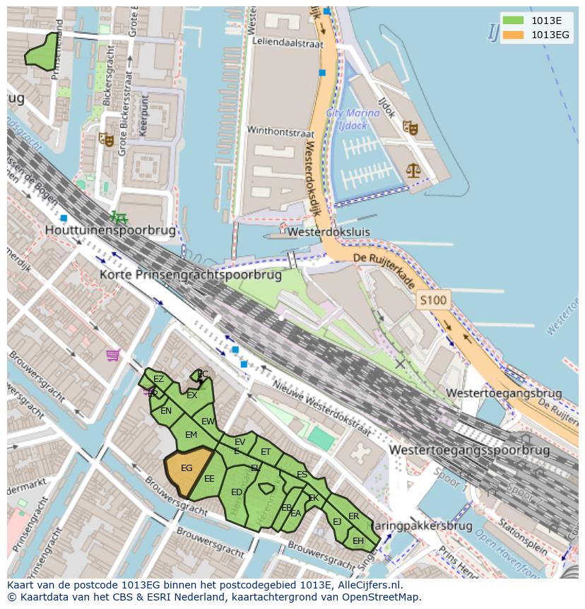 Afbeelding van het postcodegebied 1013 EG op de kaart.