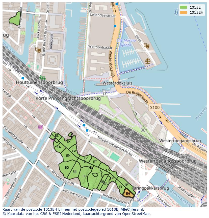 Afbeelding van het postcodegebied 1013 EH op de kaart.