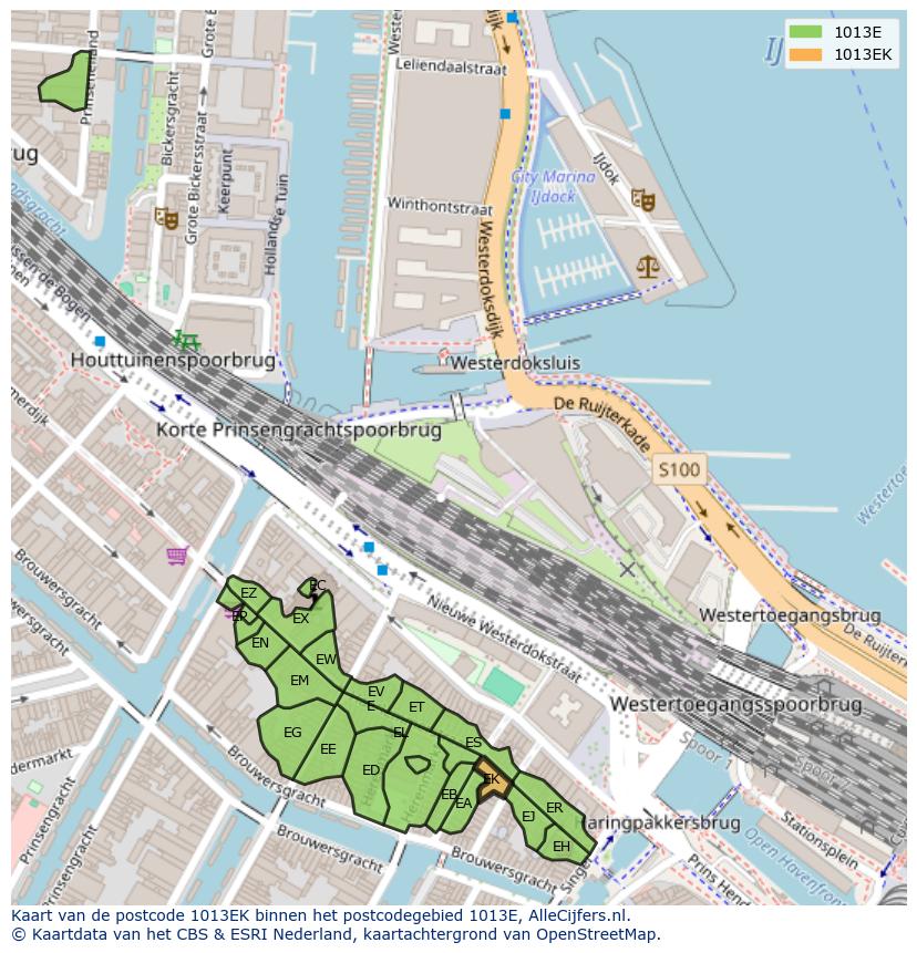 Afbeelding van het postcodegebied 1013 EK op de kaart.