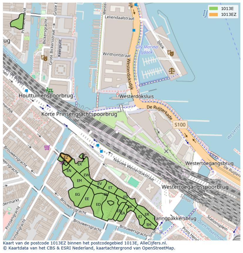 Afbeelding van het postcodegebied 1013 EZ op de kaart.