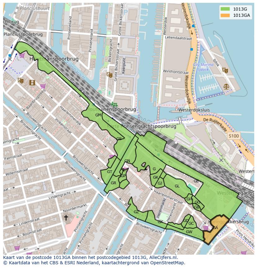 Afbeelding van het postcodegebied 1013 GA op de kaart.