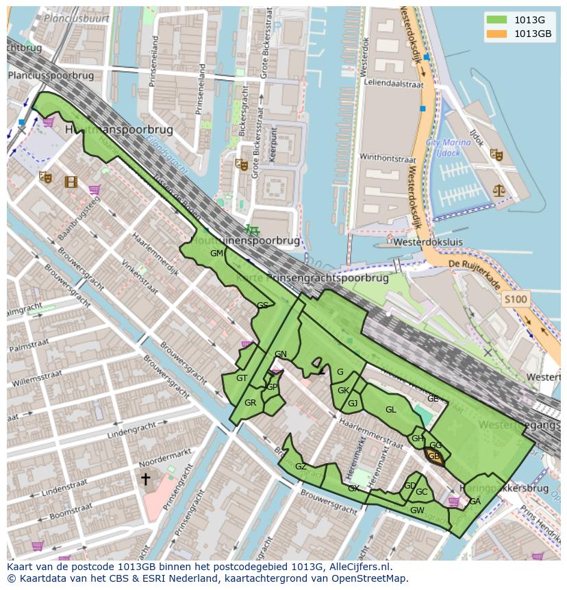 Afbeelding van het postcodegebied 1013 GB op de kaart.