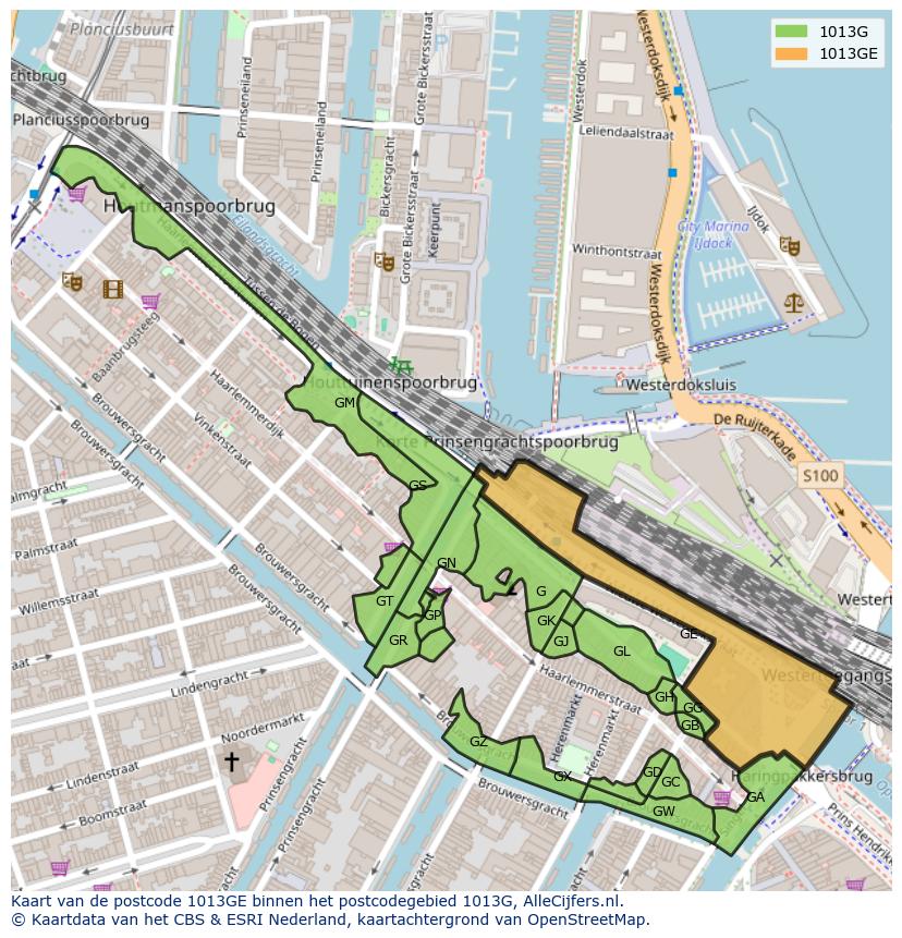Afbeelding van het postcodegebied 1013 GE op de kaart.