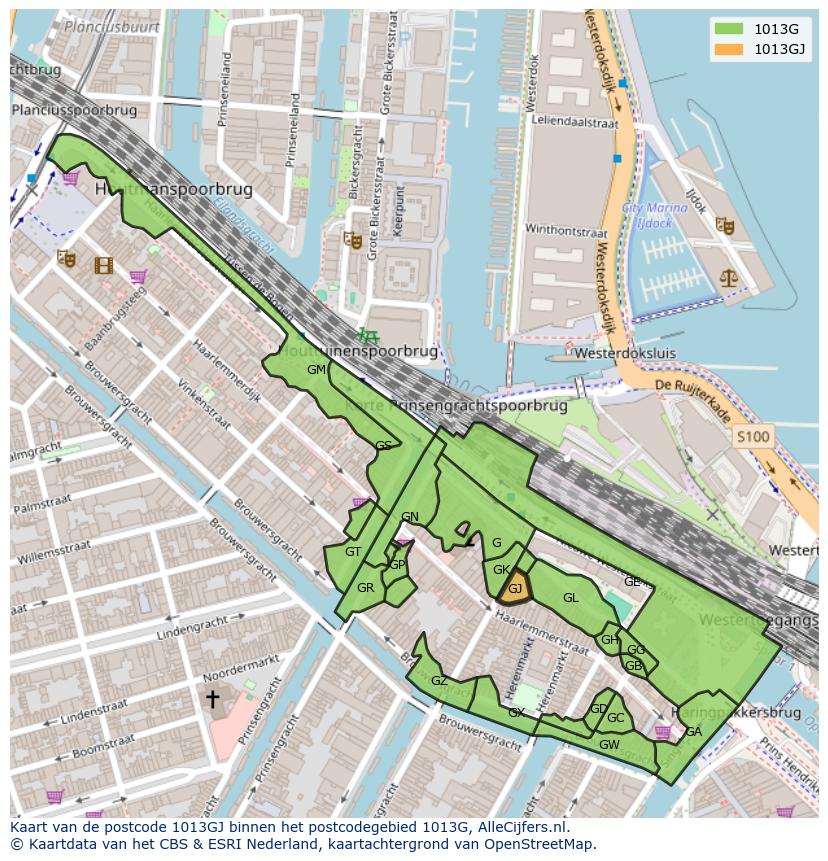 Afbeelding van het postcodegebied 1013 GJ op de kaart.