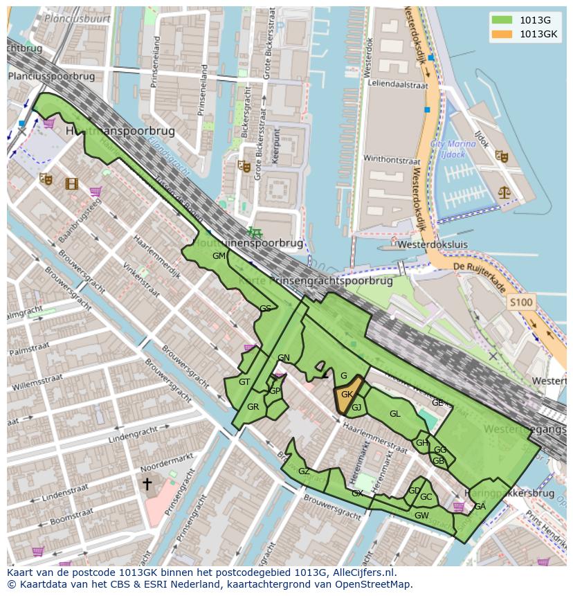 Afbeelding van het postcodegebied 1013 GK op de kaart.
