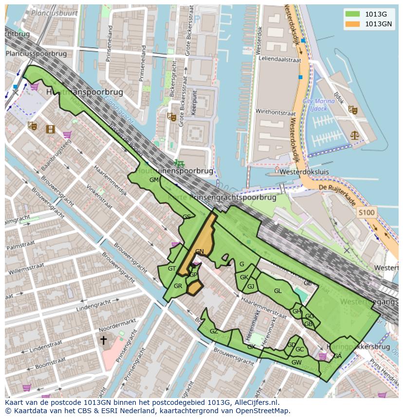 Afbeelding van het postcodegebied 1013 GN op de kaart.