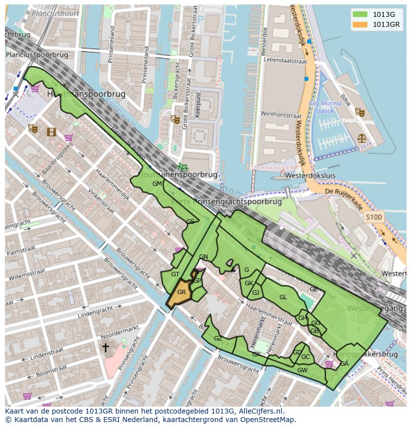Afbeelding van het postcodegebied 1013 GR op de kaart.