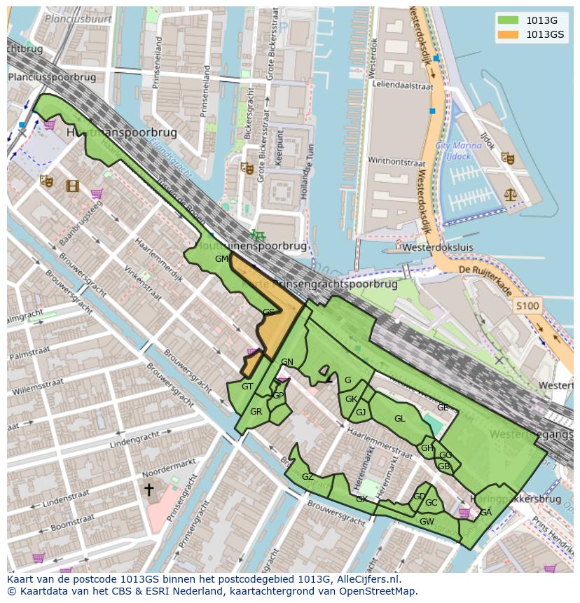 Afbeelding van het postcodegebied 1013 GS op de kaart.