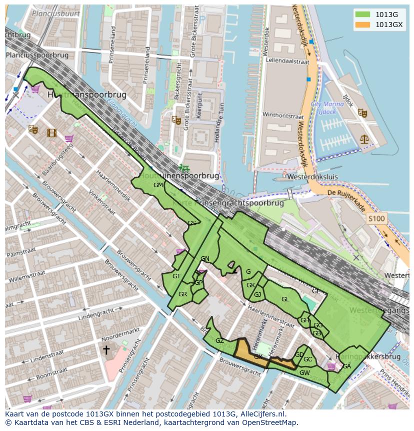 Afbeelding van het postcodegebied 1013 GX op de kaart.