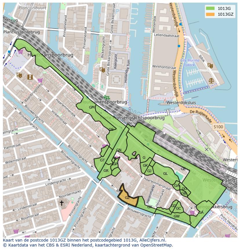 Afbeelding van het postcodegebied 1013 GZ op de kaart.