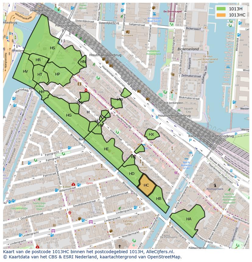 Afbeelding van het postcodegebied 1013 HC op de kaart.