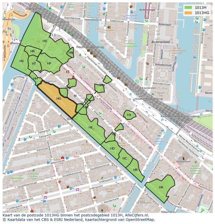Afbeelding van het postcodegebied 1013 HG op de kaart.