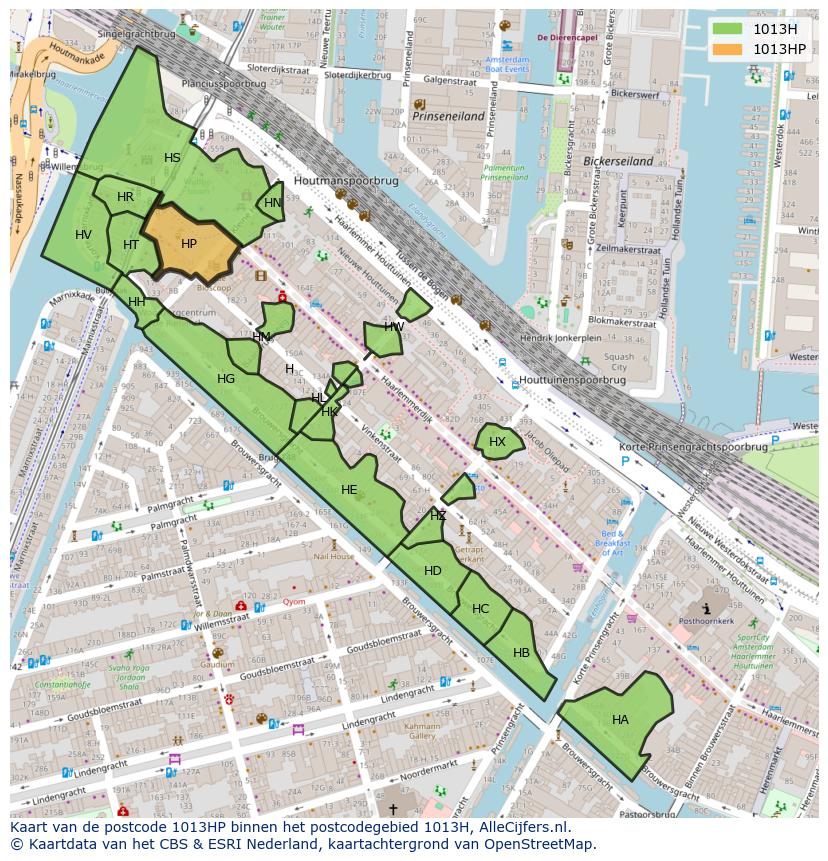 Afbeelding van het postcodegebied 1013 HP op de kaart.