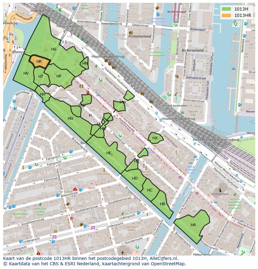 Afbeelding van het postcodegebied 1013 HR op de kaart.