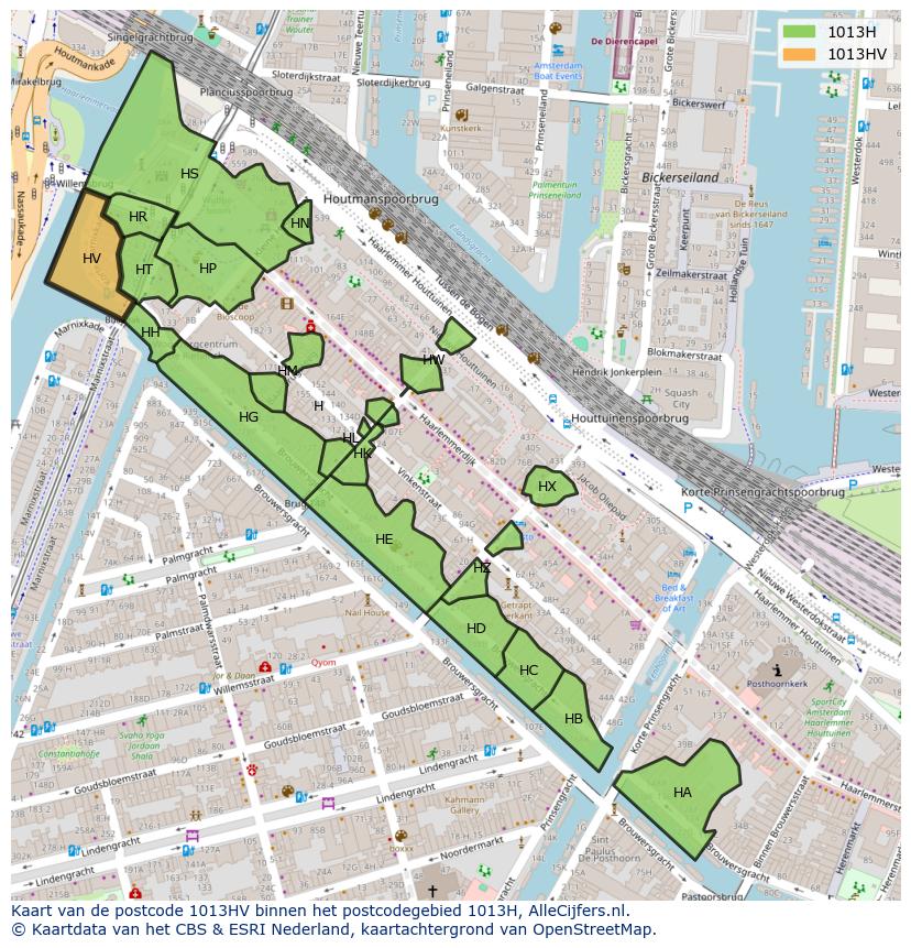Afbeelding van het postcodegebied 1013 HV op de kaart.