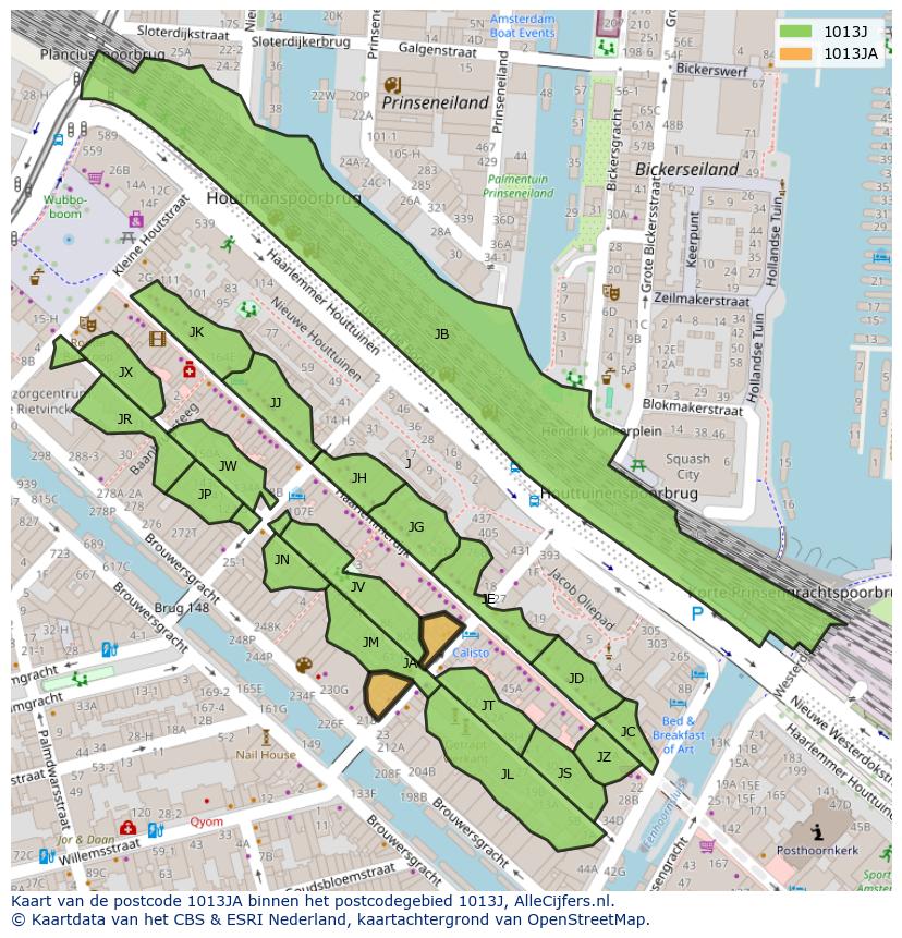 Afbeelding van het postcodegebied 1013 JA op de kaart.