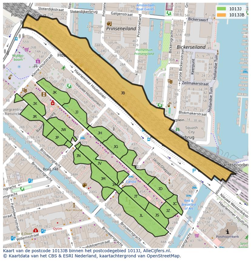 Afbeelding van het postcodegebied 1013 JB op de kaart.