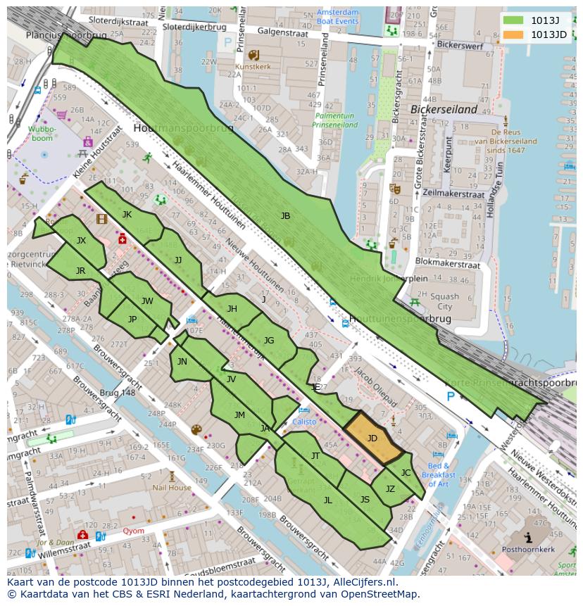 Afbeelding van het postcodegebied 1013 JD op de kaart.