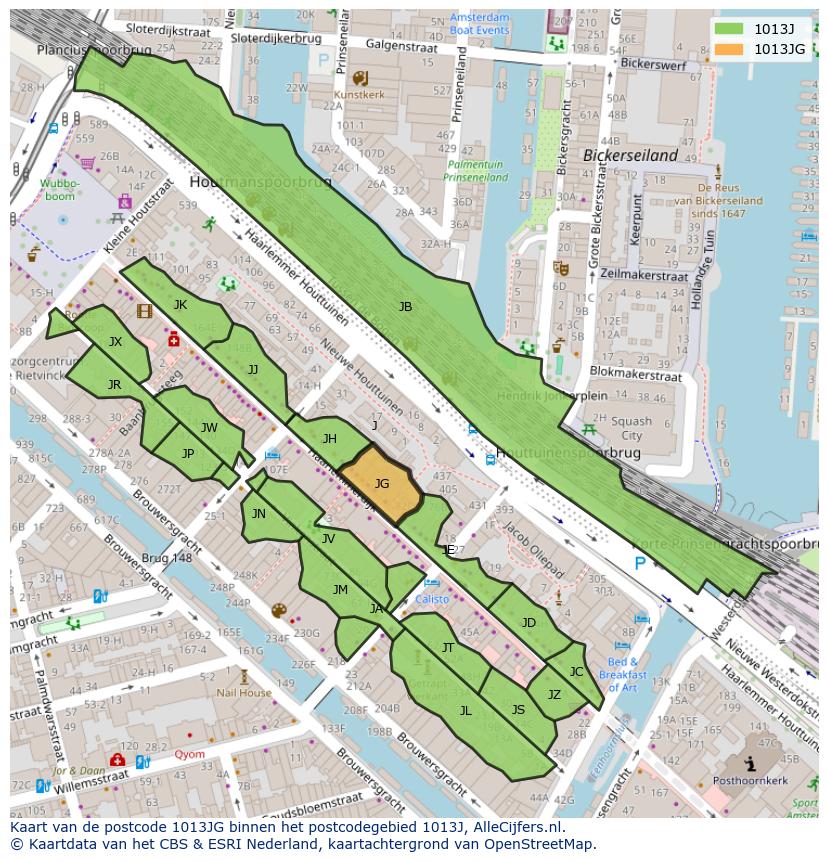 Afbeelding van het postcodegebied 1013 JG op de kaart.